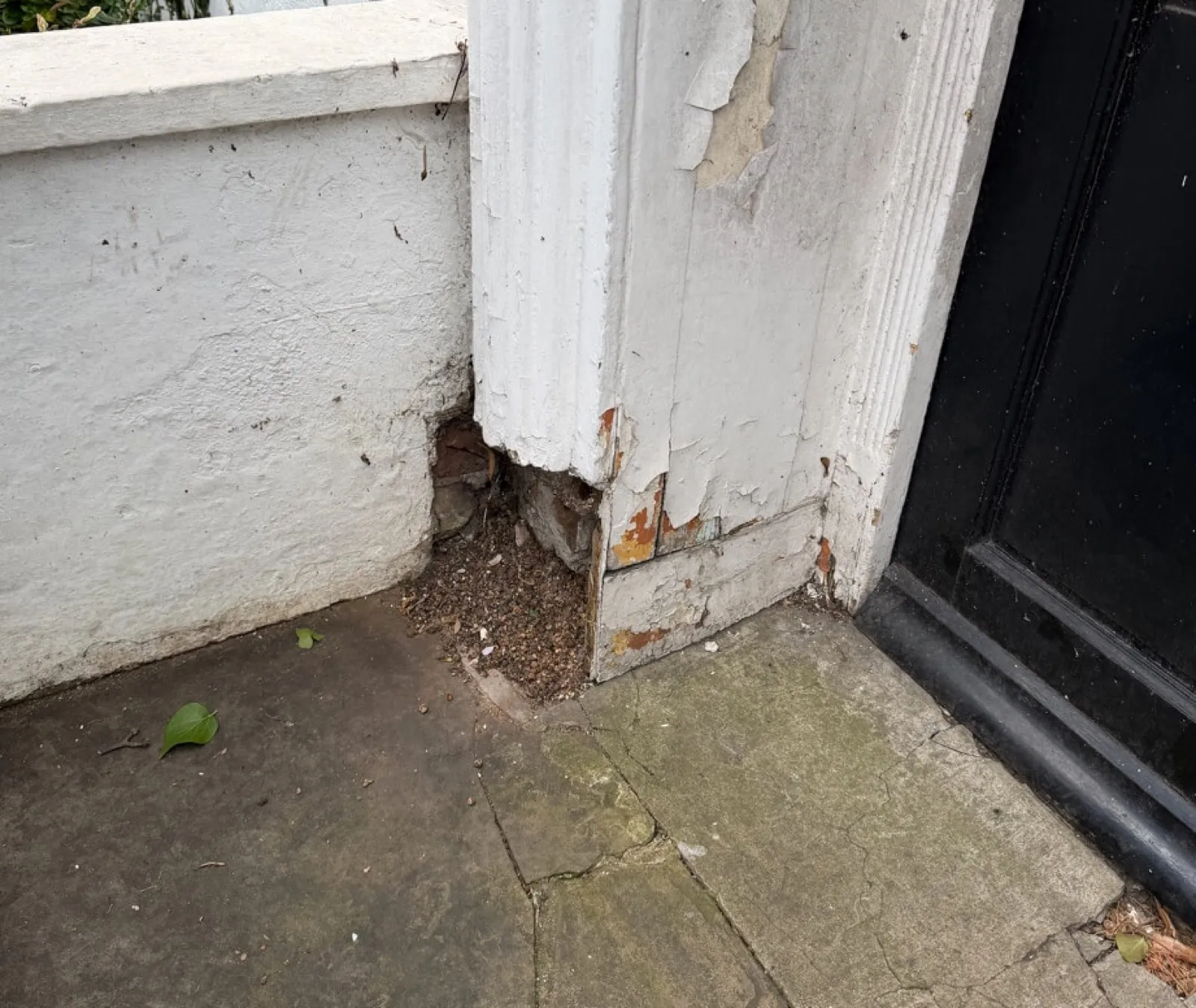 Victorian timber door frame with significant rot at the base, peeling paint and exposed timber — a typical candidate for restoration rather than replacement