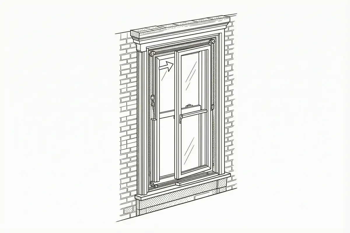 A cutaway side view of a box sash window with a slim secondary glazing panel fitted on the room side, an air gap between the two panes