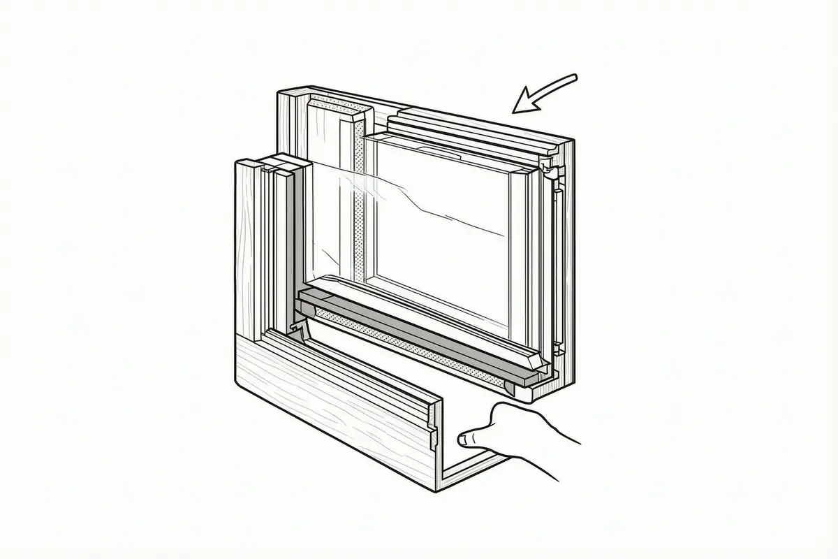 A cutaway side view of a sash rebate with a slim double-glazed unit bedded in putty, the glazing bar sitting over the glass