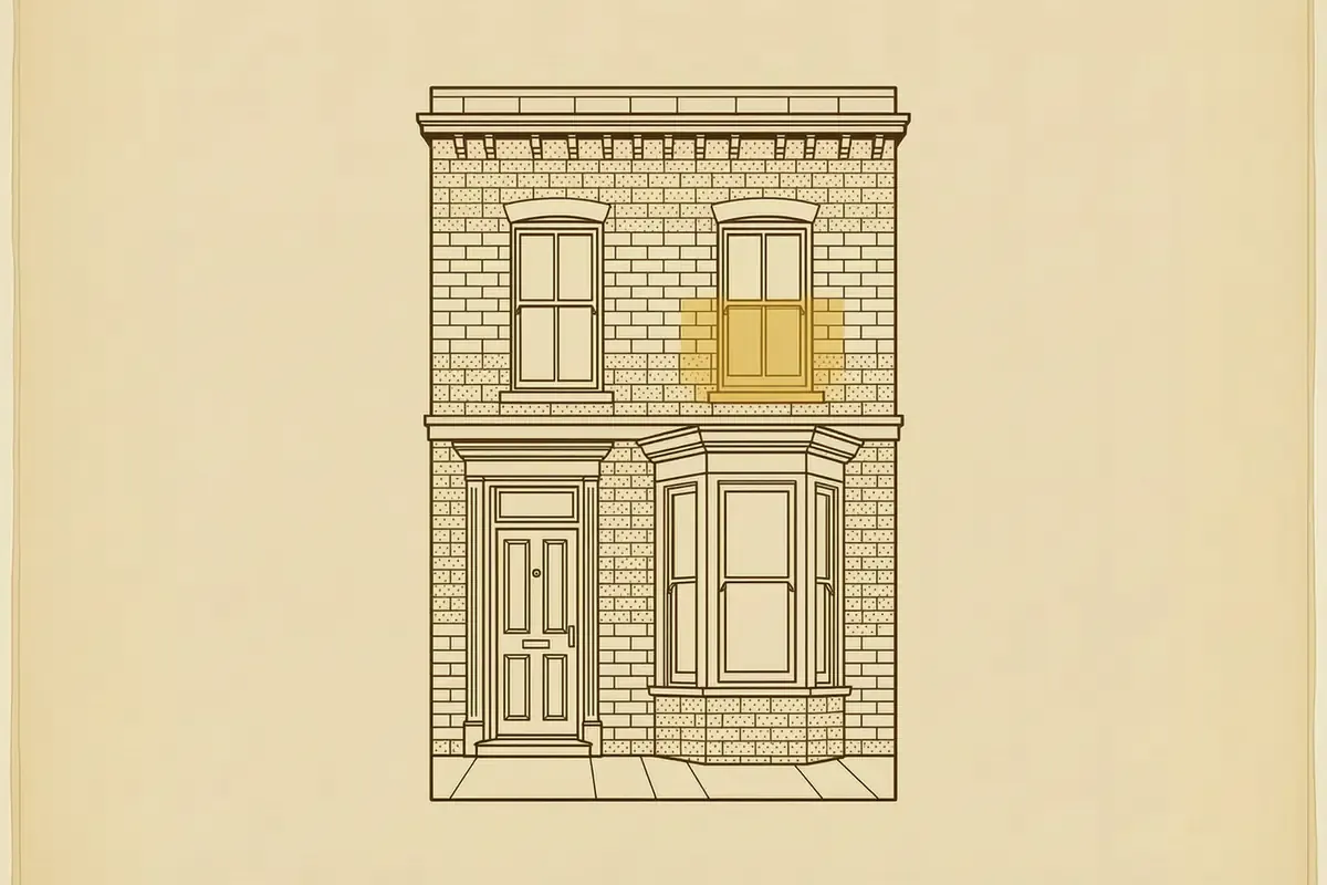 Line drawing of a Georgian box sash window with a slim double-glazed unit fitted into the sash rebate