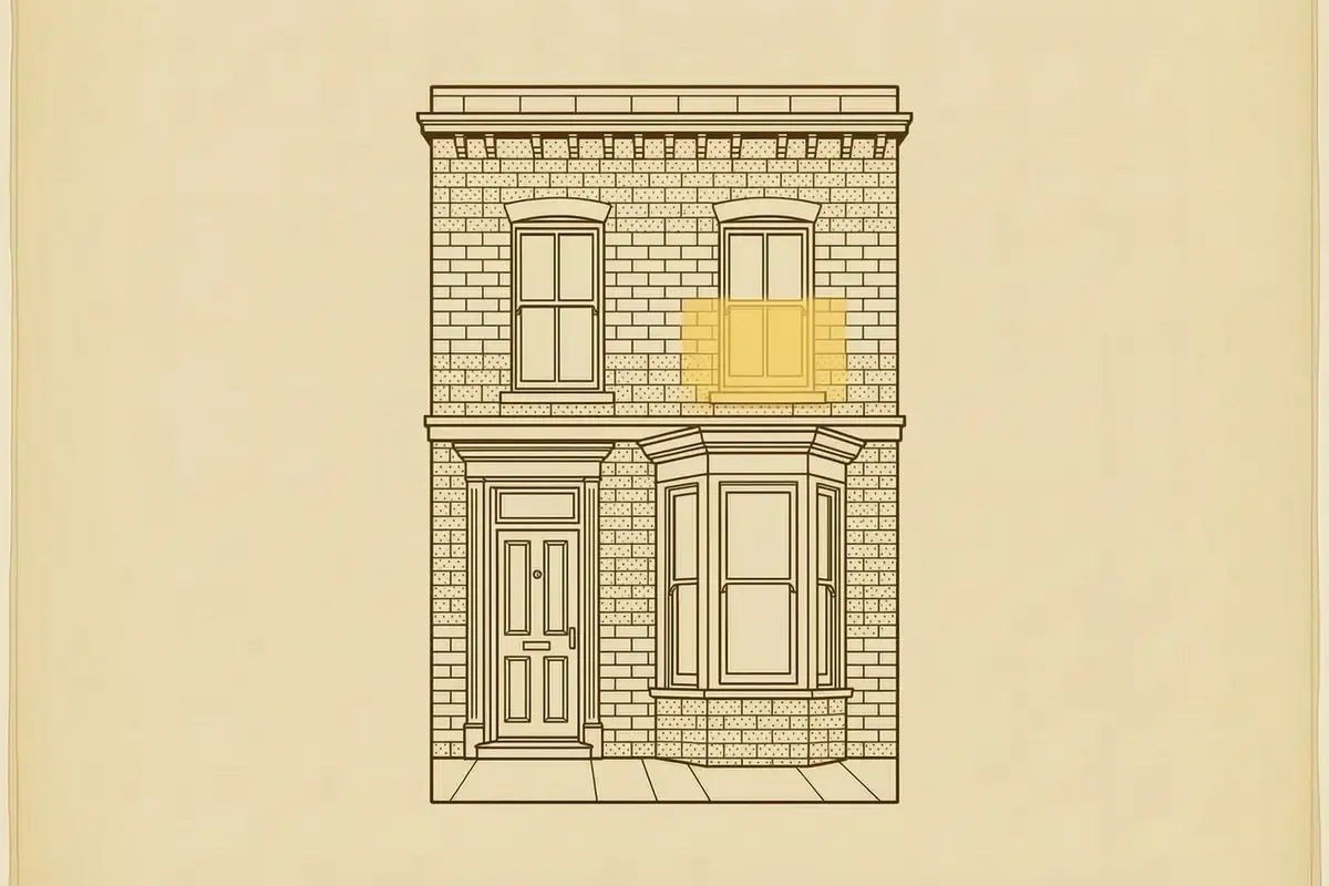 Line drawing of a Georgian box sash window with a slim secondary glazing panel fitted inside the room