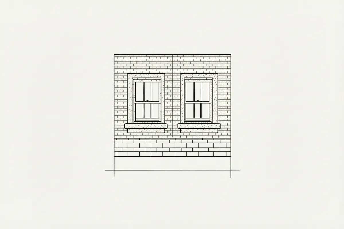 Line drawing of a brick Victorian terrace front with two timber sash windows, a stone sill and a strip of path below