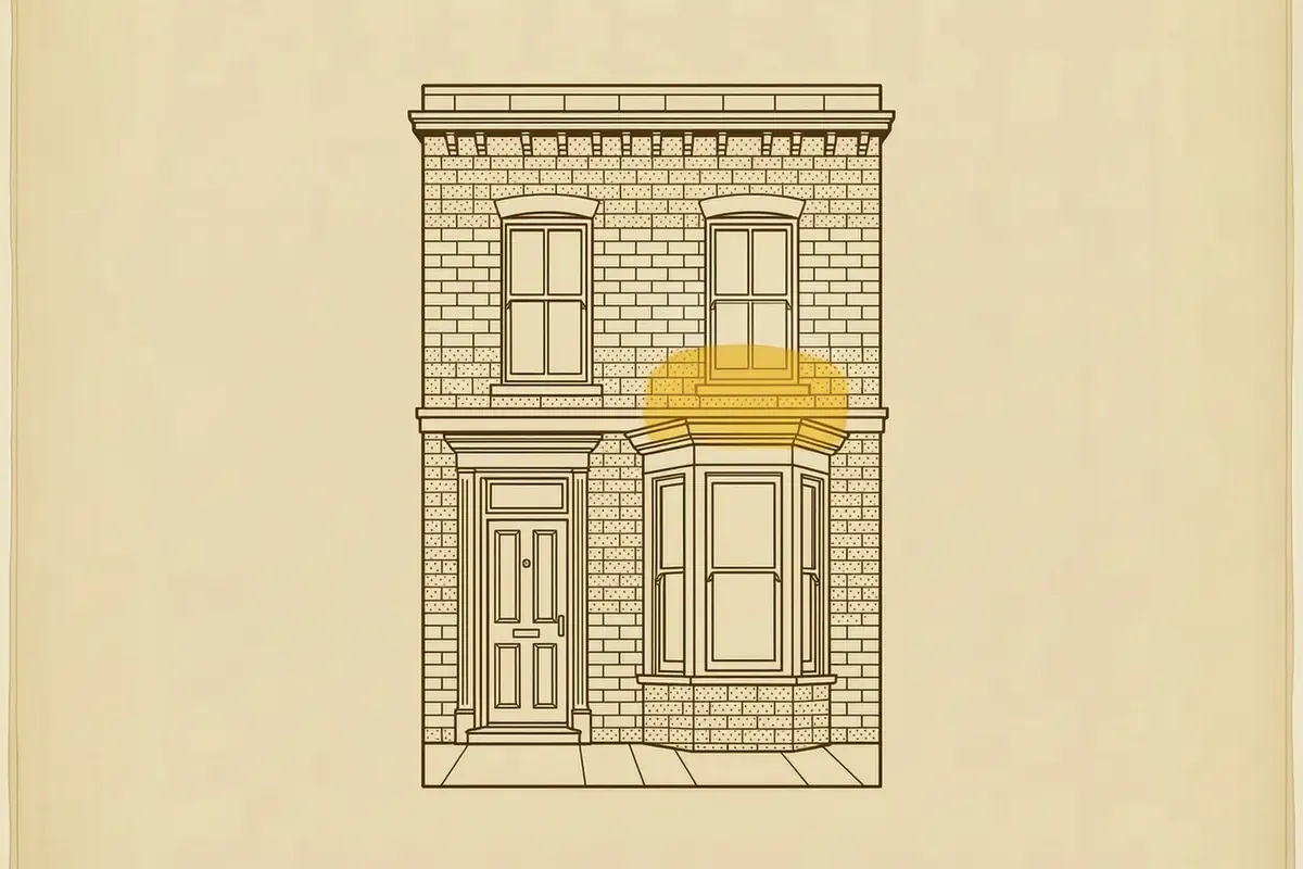 Line drawing of a Georgian brick terrace front with timber sash windows and a stone sill, a strip of path below