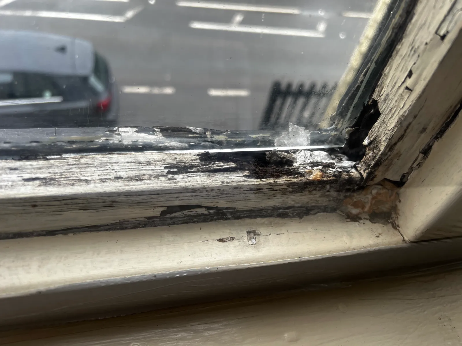 Severe interior-side rot at the bottom corner of a wooden sash window — pulpy blackened timber, failed putty, cracked paintwork and water staining caused by years of winter condensation pooling on the cold single-glazed pane and soaking into the wood